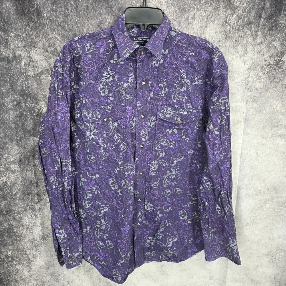 Roper Western Shirt Men Medium Purple Floral Pearl Snap Cowboy Rodeo Lightweight